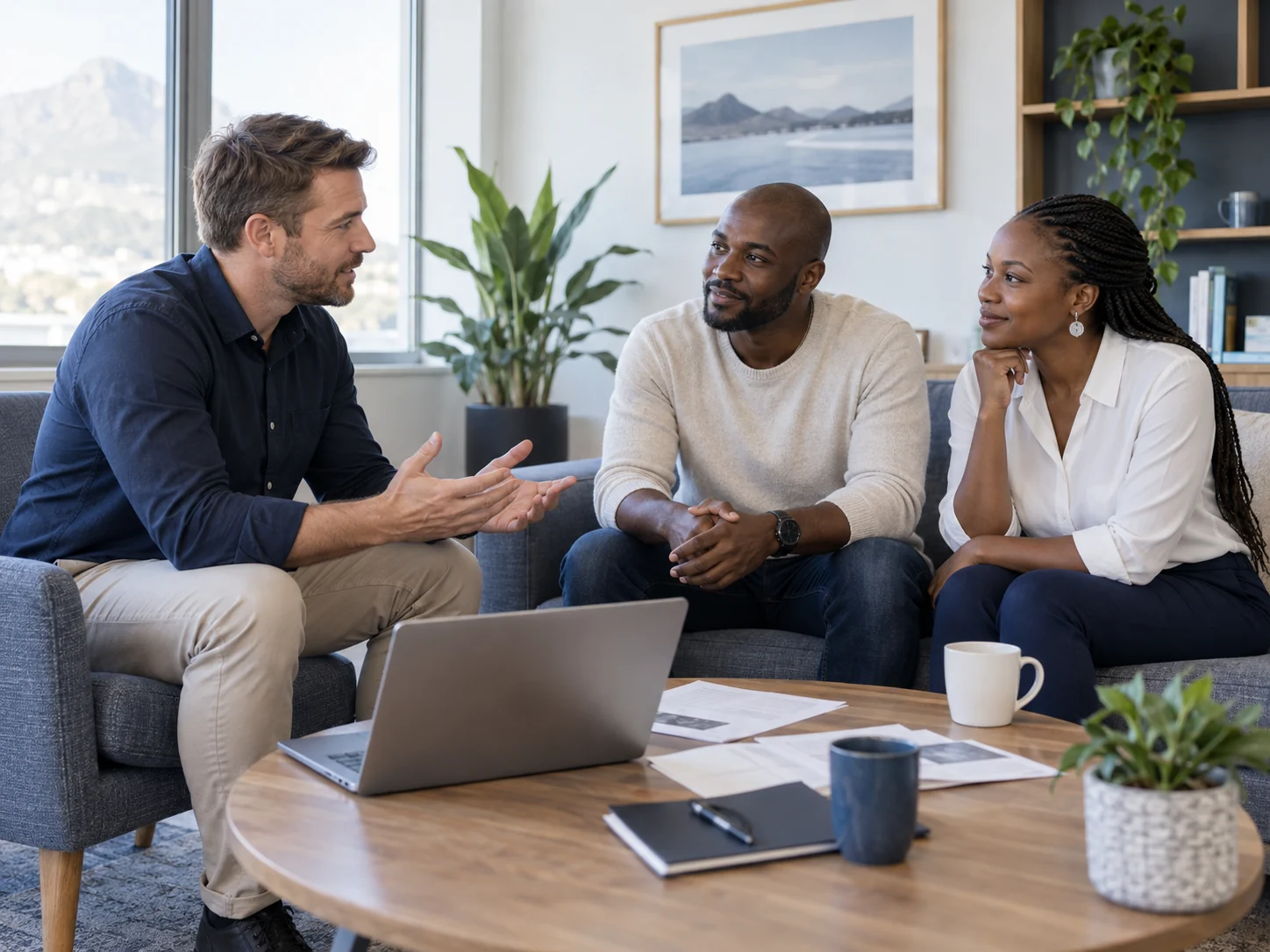 An insurance adviser listening to a couple during a personal consultation
