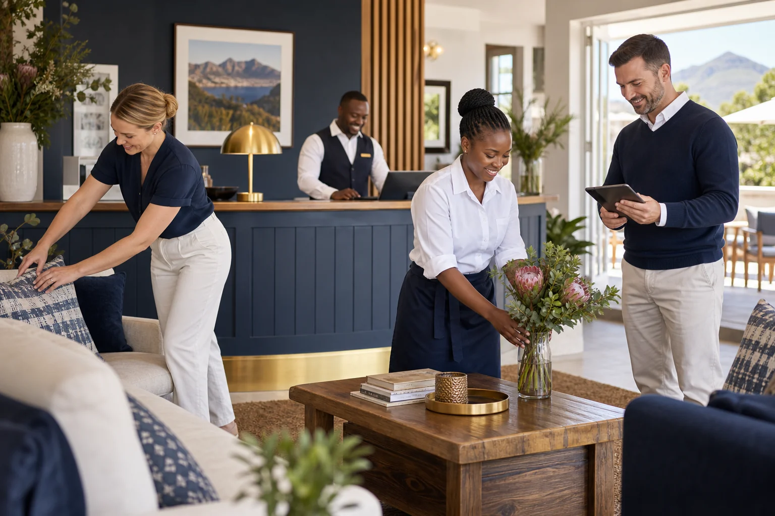 South African hospitality professionals preparing a guesthouse for the day