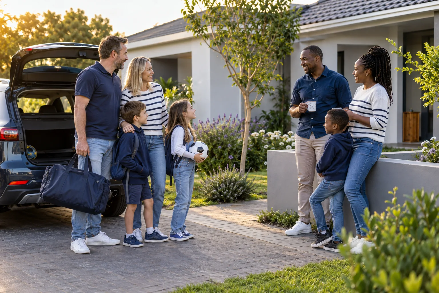 A South African family arriving home beside their family vehicle